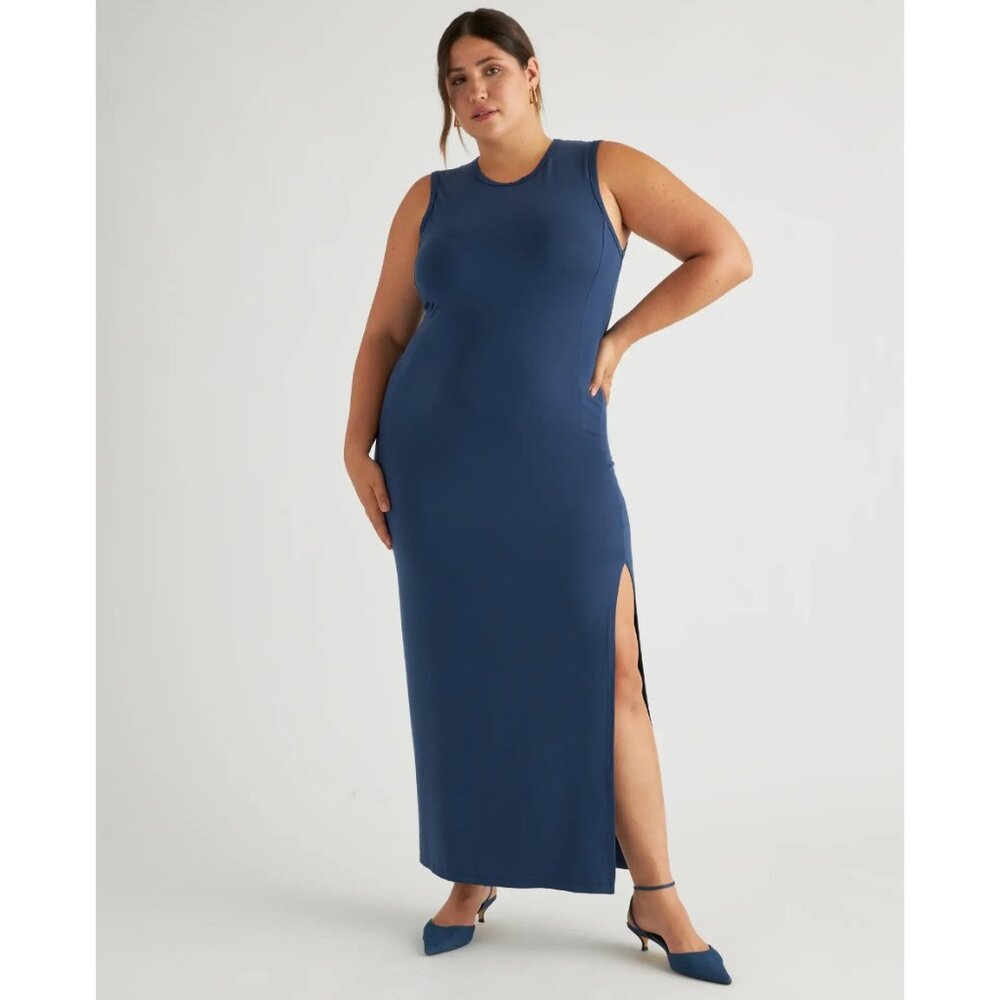 Quince Navy Blue Tencel Jersey Tank Maxi Dress sz S Women's Side Slit Sleeveless - Picture 6 of 6